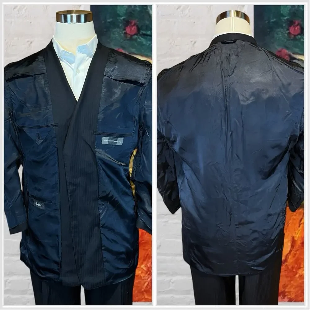 Hart Schaffner Marx 44R 36x29 Dark Blue Ghost Stripe Suit 3/2 Roll Virgin Wool
